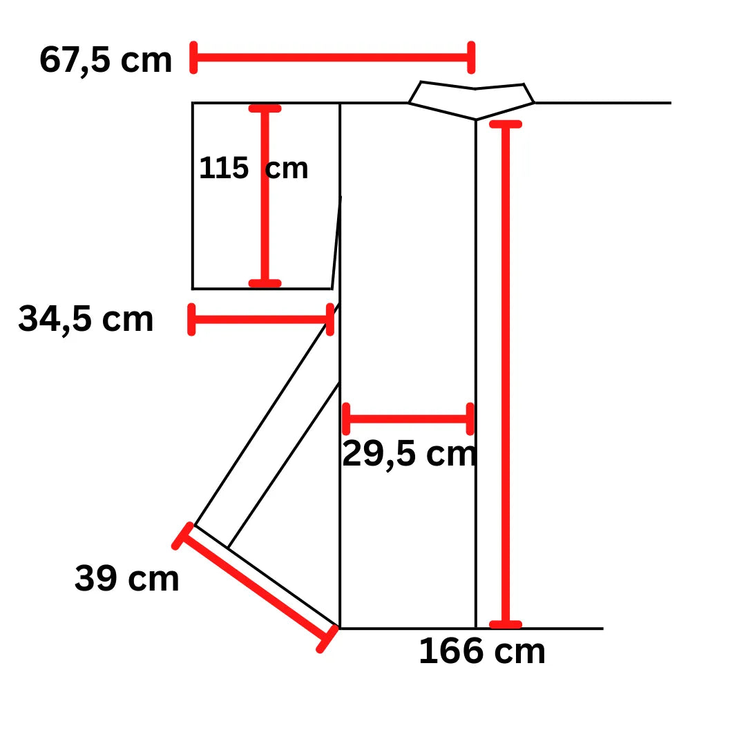 Technische Zeichnung mit den Maßen (Länge 166 cm, Ärmellänge 115 cm).