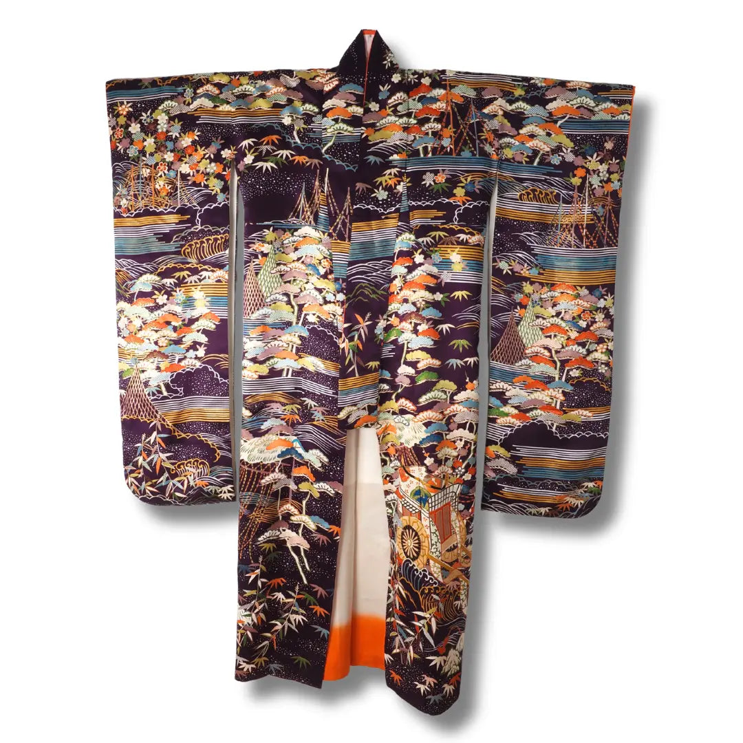 Vintage Furisode Kimono Damen lila mit buntem Blumenmuster