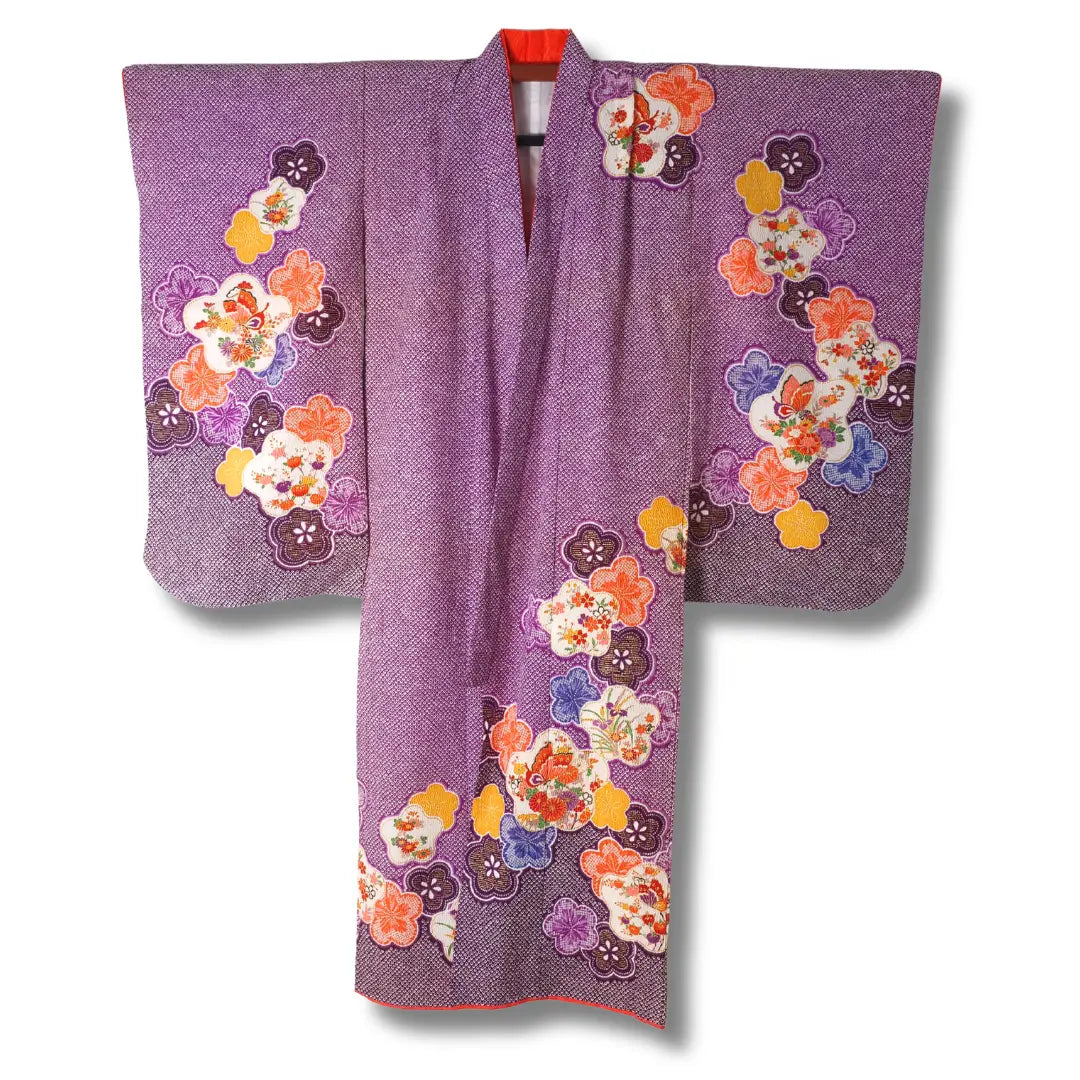 Vintage Kinder Furisode Kimono lila mit Blumenmuster