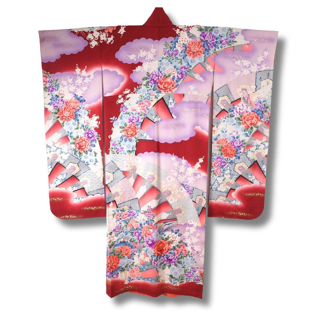 Vintage Damen Furisode Kimono rot lila mit Blumen