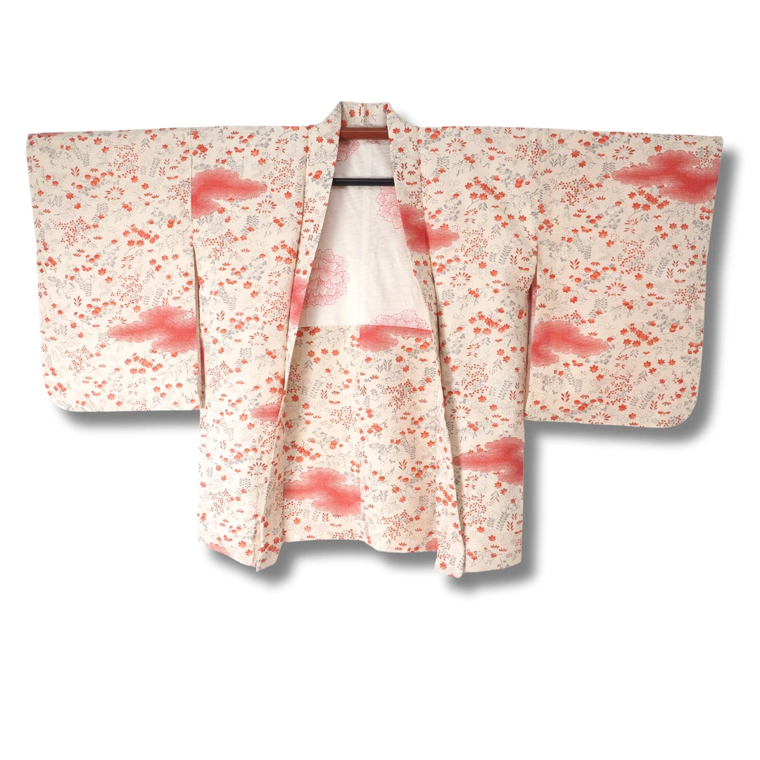 Vintage Damen Haori cremeweiß mit Wolken & Blumenmuster