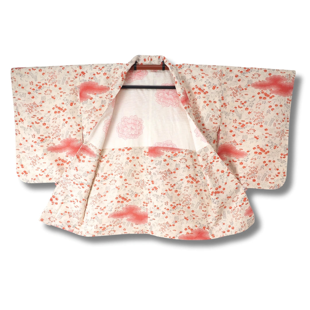Vintage Damen Haori cremeweiß mit Wolken & Blumenmuster