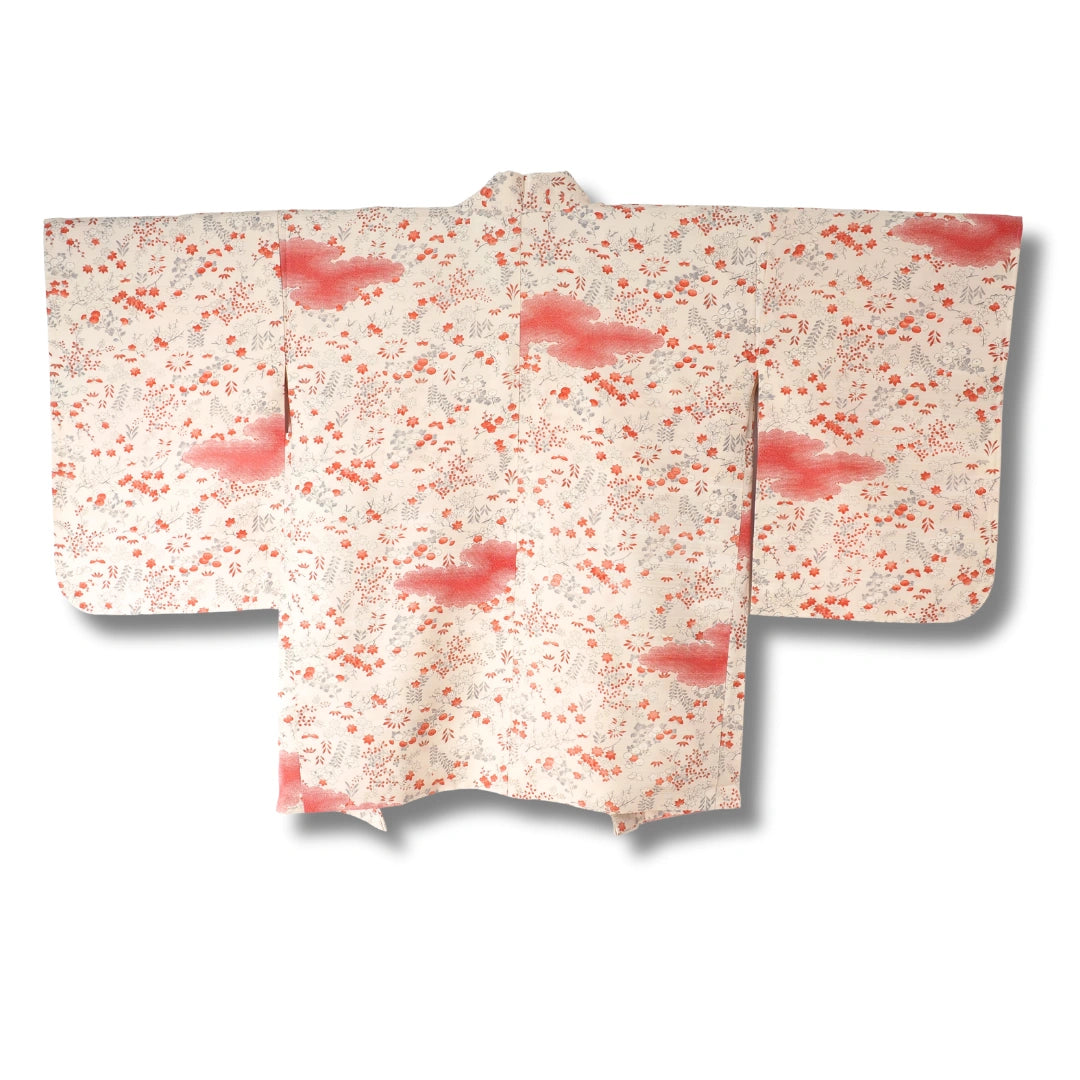 Vintage Damen Haori cremeweiß mit Wolken & Blumenmuster