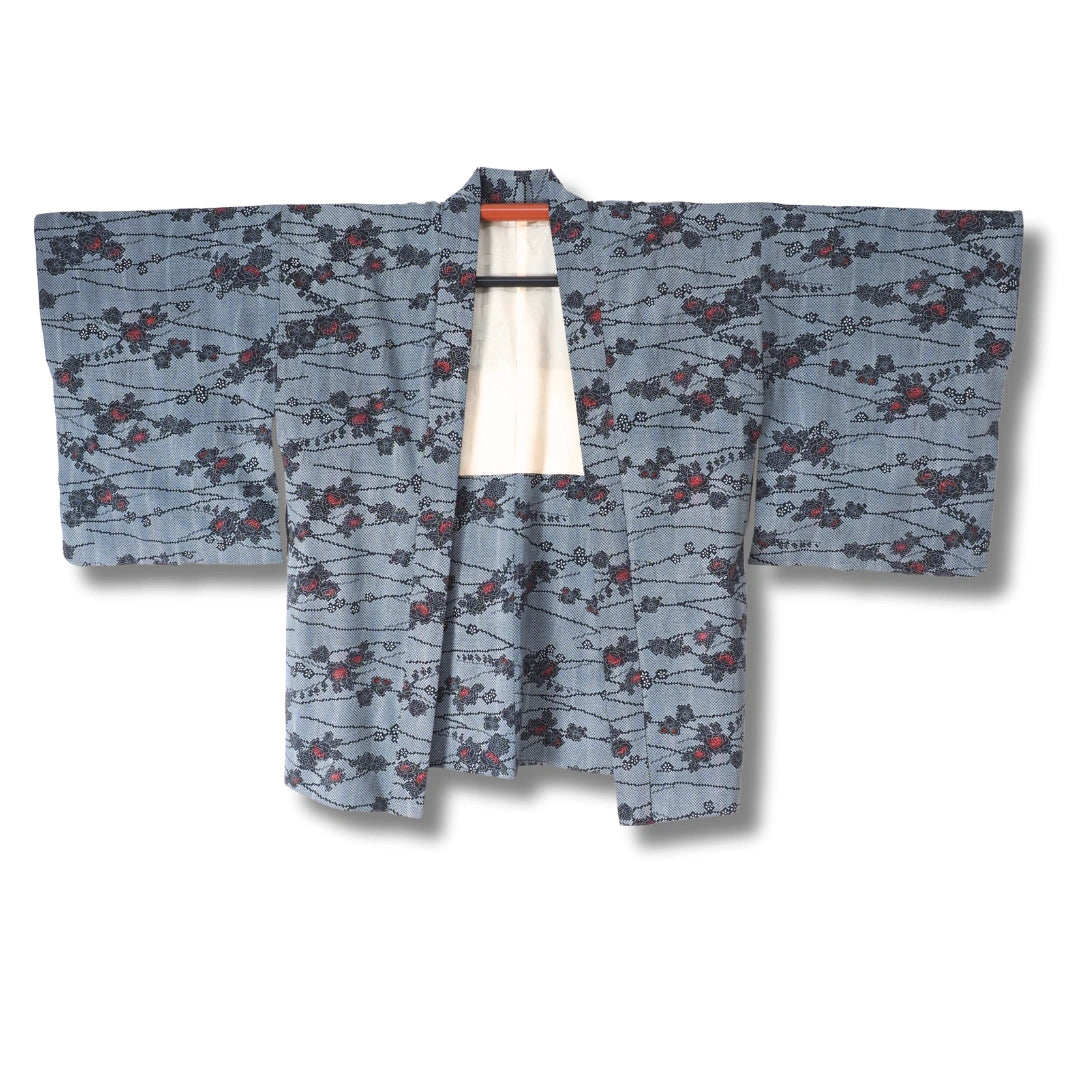 Vintage Damen Haori grau schwarz mit Rosen