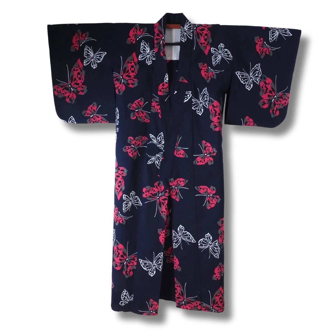 Vintage Damen Yukata Dunkelblau mit Schmetterlingen