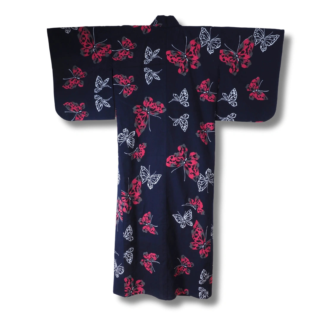 Vintage Damen Yukata Dunkelblau mit Schmetterlingen