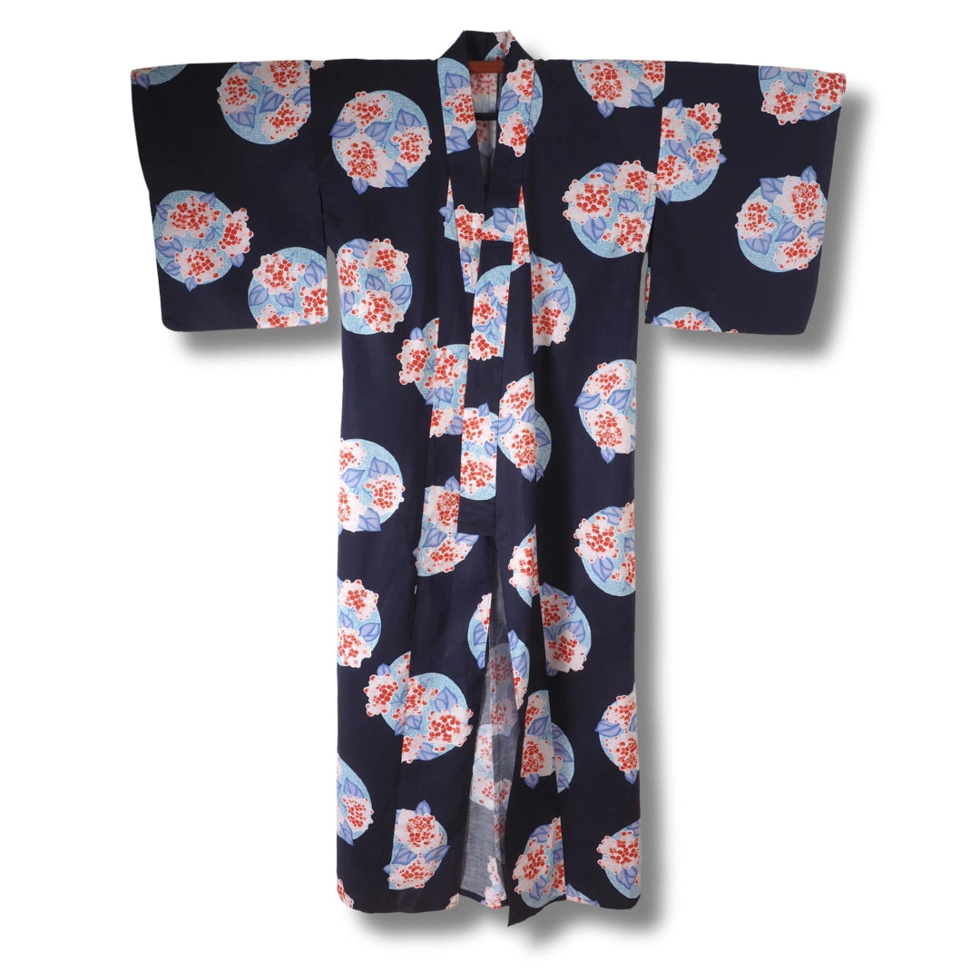 Vintage Damen Yukata Dunkelblau mit Blumen