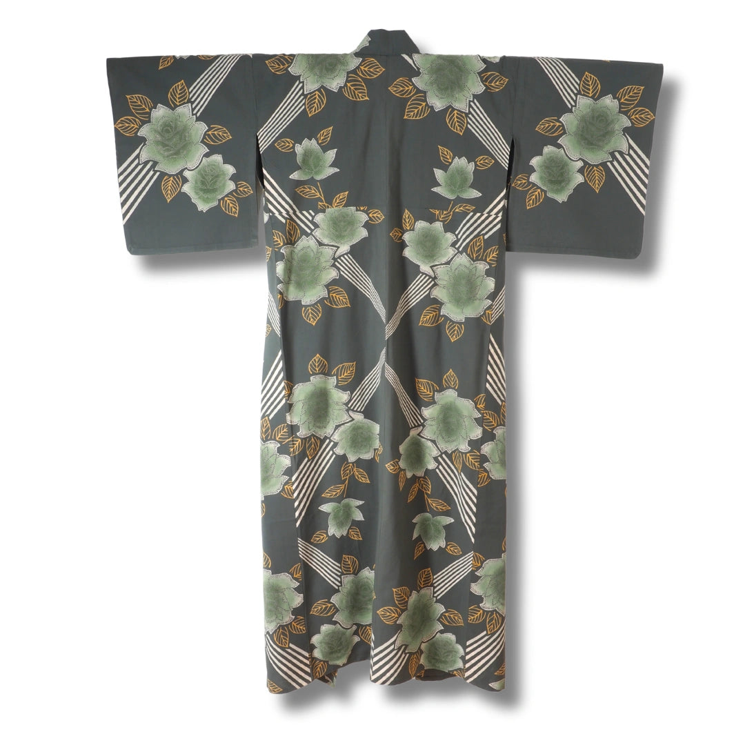 Vintage Damen Yukata Grün mit Rosen