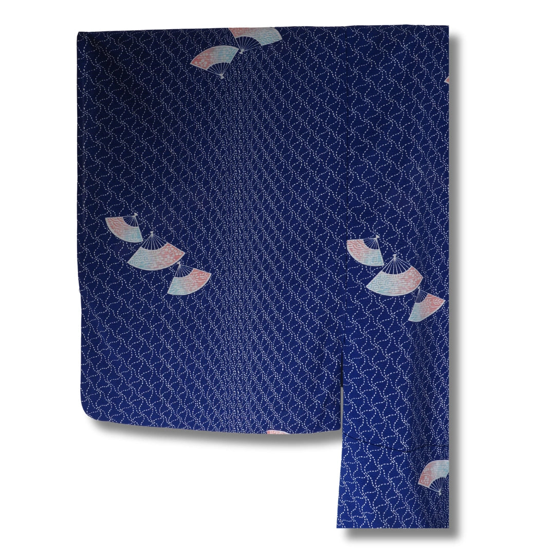 Vintage Komon Sommer Kimono blau mit Fächern