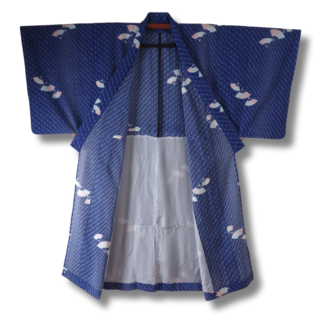Vintage Komon Sommer Kimono blau mit Fächern