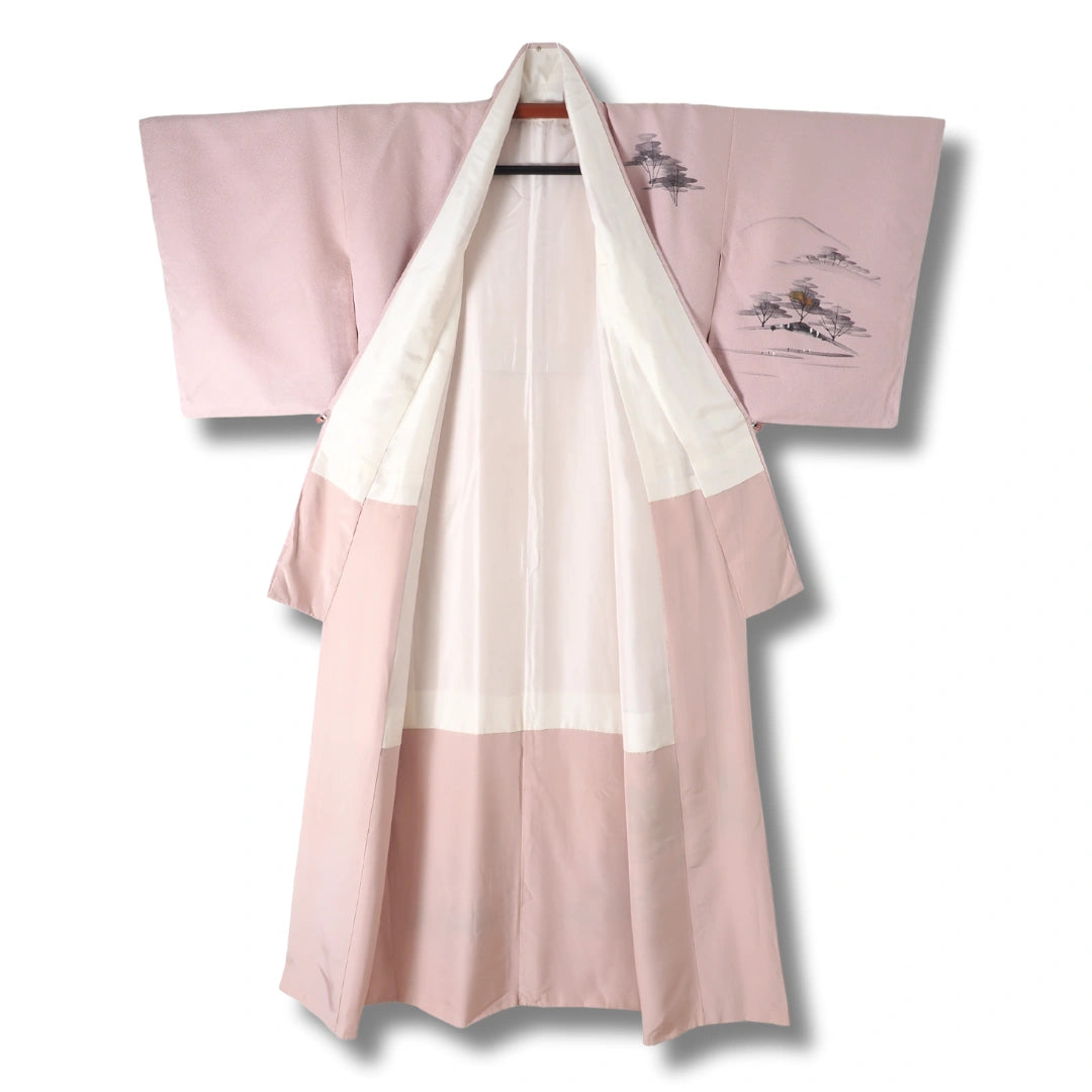 Vintage Houmongi-Tsukesage Damen Kimono in Altrosa mit Bäumen