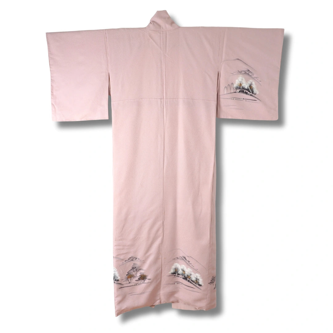 Vintage Houmongi-Tsukesage Damen Kimono in Altrosa mit Bäumen