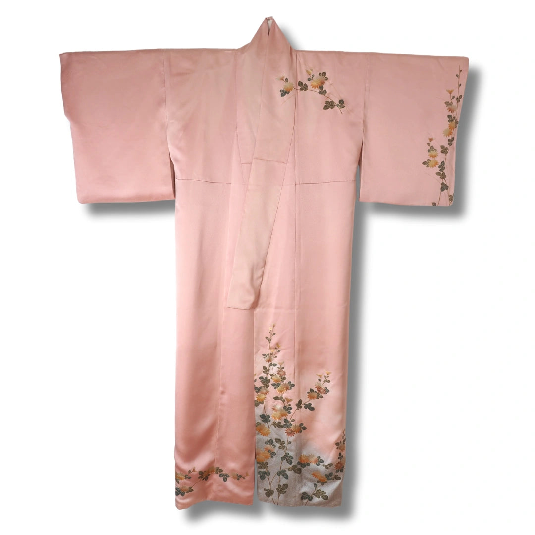 Vintage Houmongi Damen Kimono in Altrosa mit Blumenranke