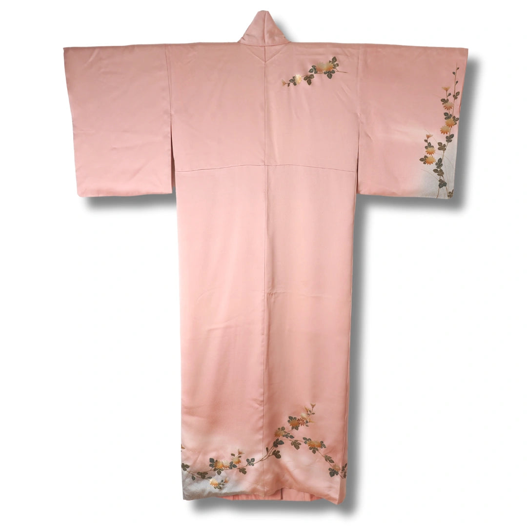 Vintage Houmongi Damen Kimono in Altrosa mit Blumenranke
