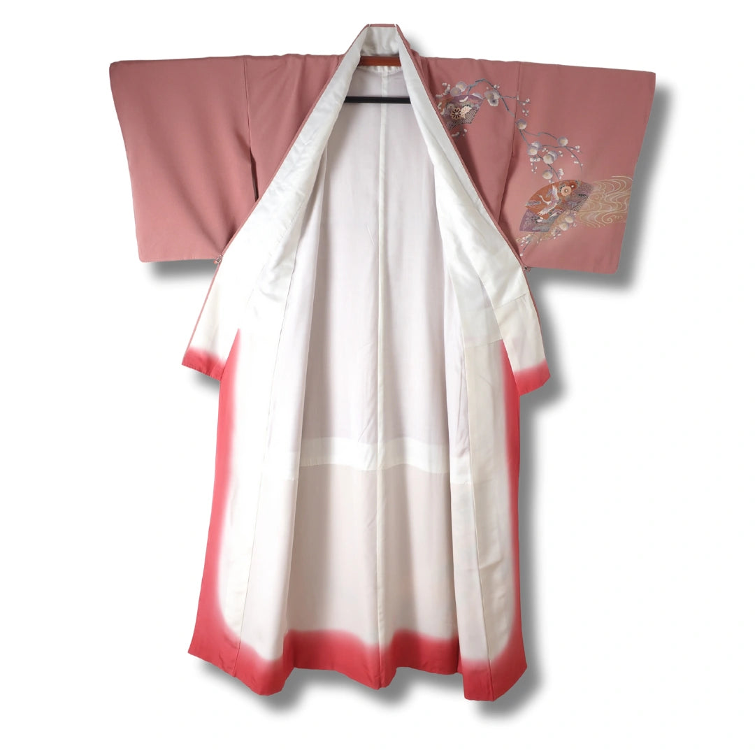 Vintage Damen Homongi Kimono altrosa mit Fächer Motiv
