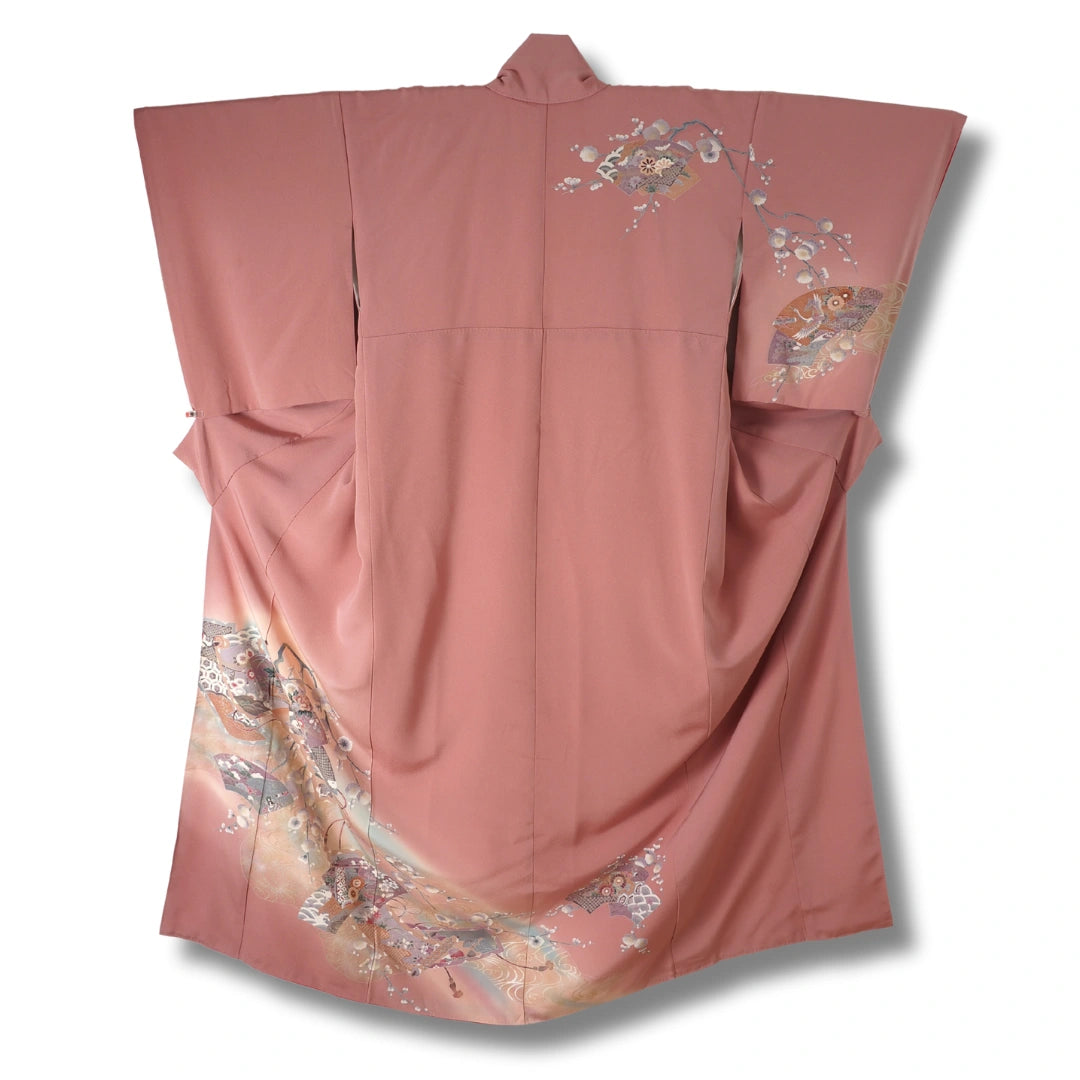 Vintage Damen Homongi Kimono altrosa mit Fächer Motiv