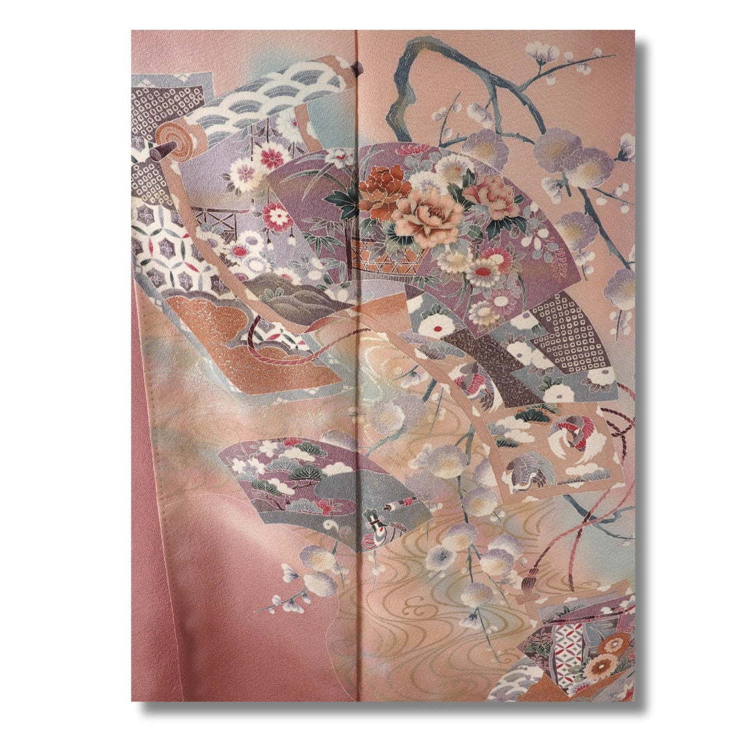 Vintage Damen Homongi Kimono altrosa mit Fächer Motiv