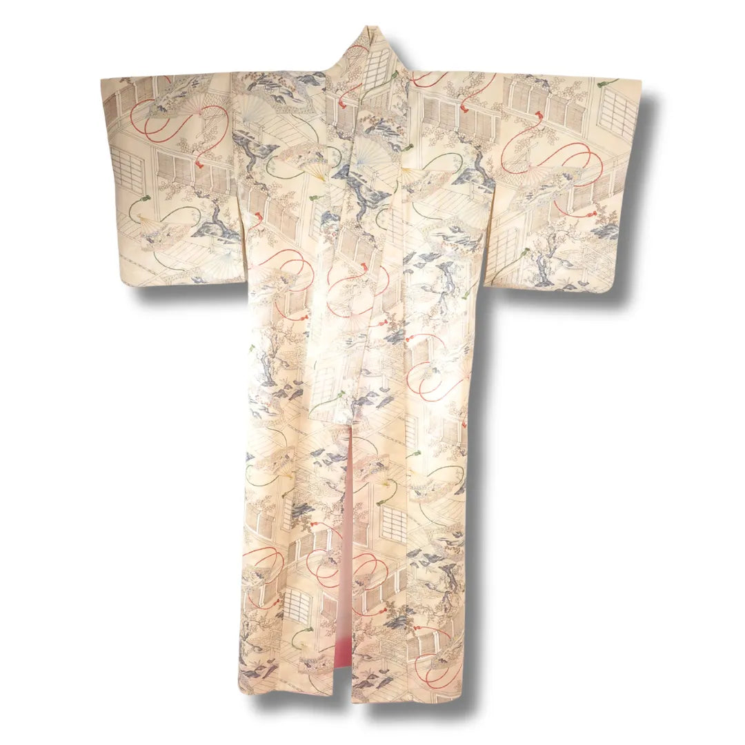 Vintage Komon Kimono beige mit Fächer- und Herrenhaus-Muster Vorderansicht