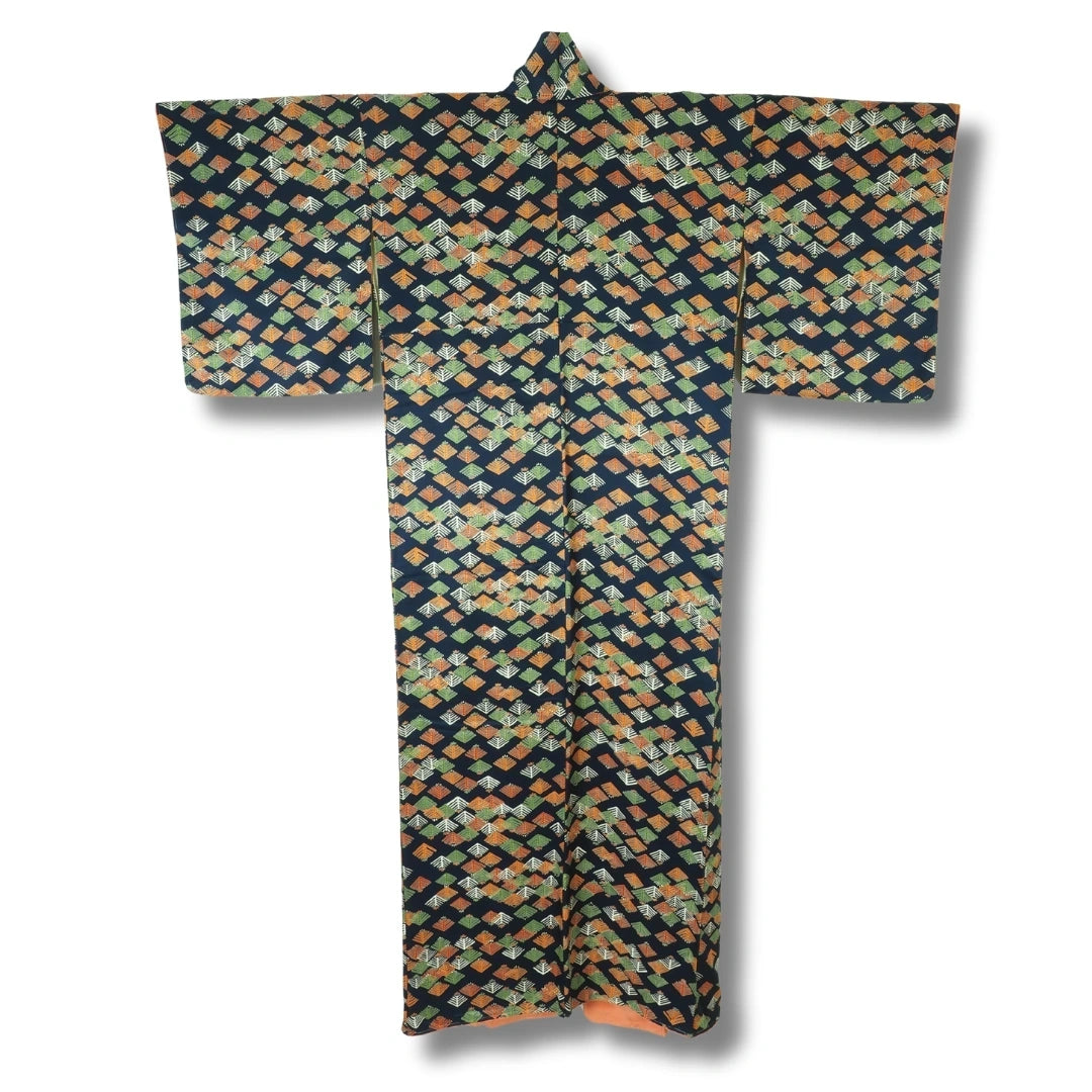 Vintage Damen Komon Kimono – Dunkelblau Kiefernzweige