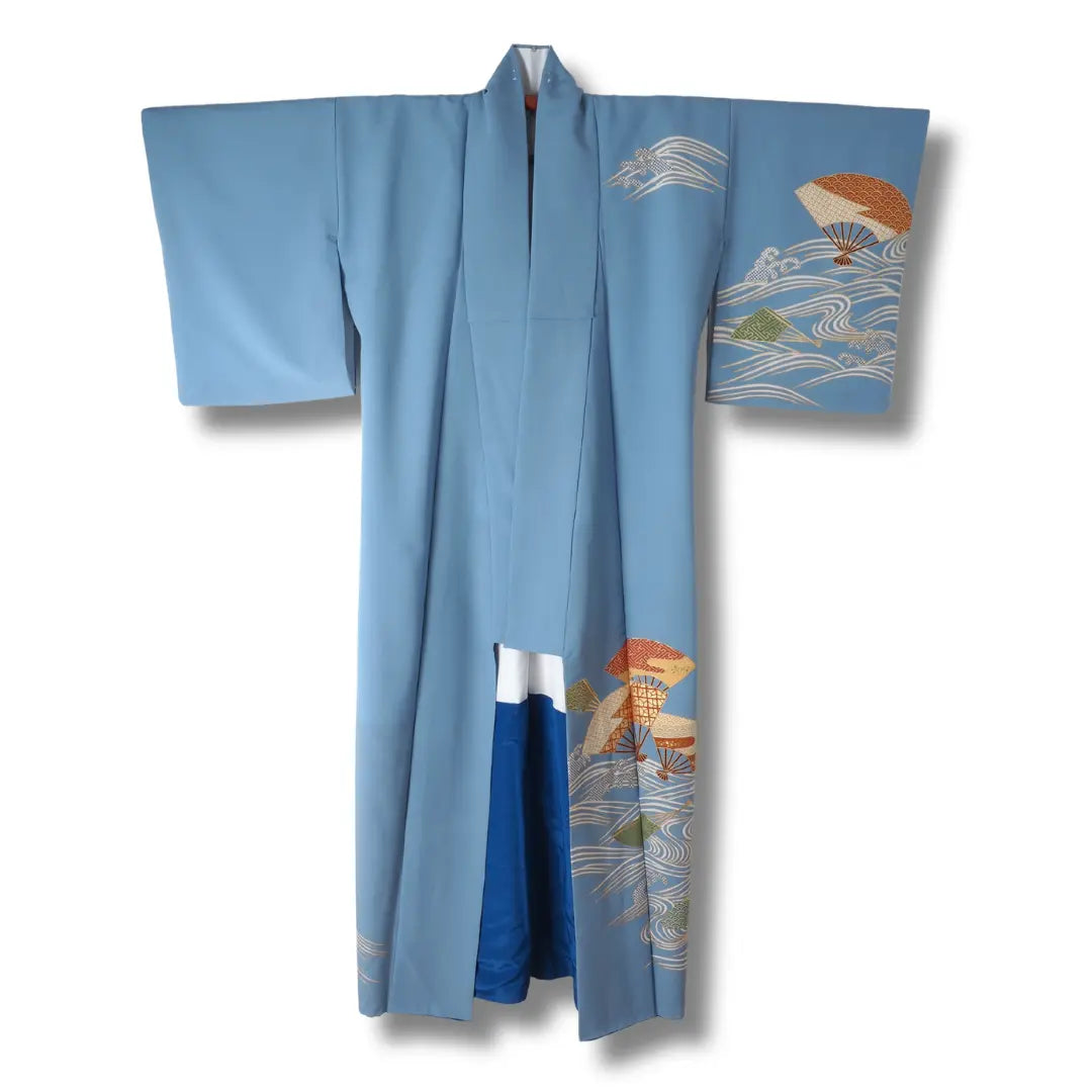 Vintage Damen Hōmongi Kimono in Blau mit Fächer- und Wellenmotiv