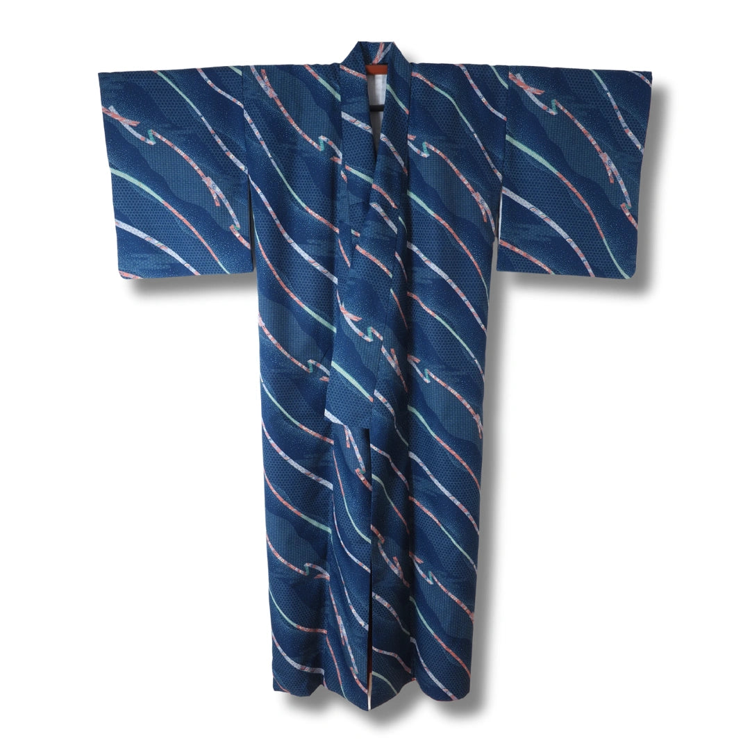 Vintage Damen Komon Kimono Dunkelblau mit Streifen