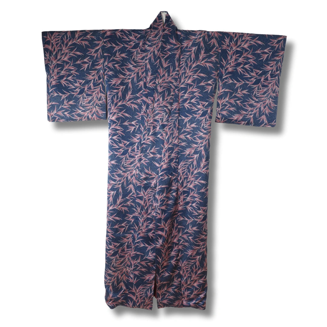 Vintage Damen Komon Kimono Dunkelblau mit Blattmuster