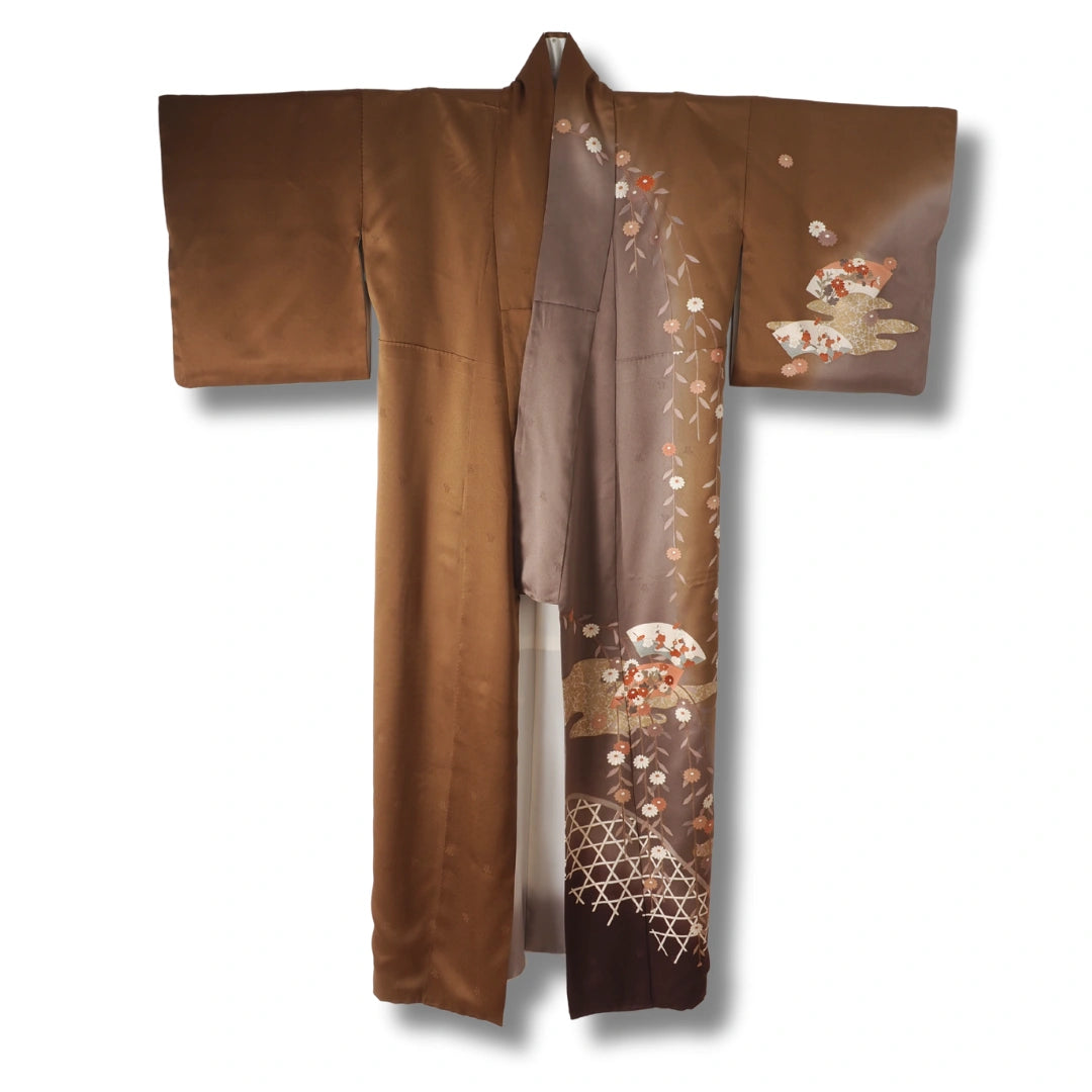 Vintage Damen Houmongi Kimono Braun mit Fächer & Blüten