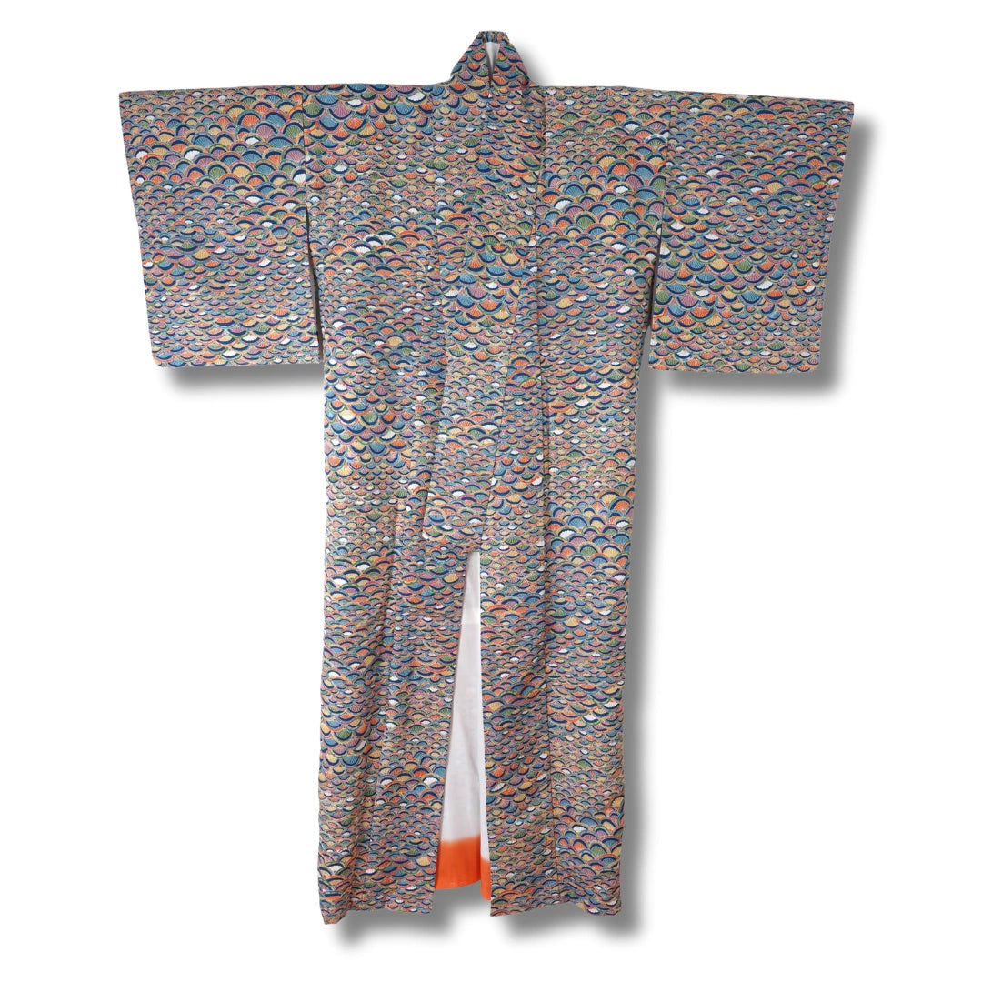 Vintage Damen Komon Kimono mit bunten Fächermuster