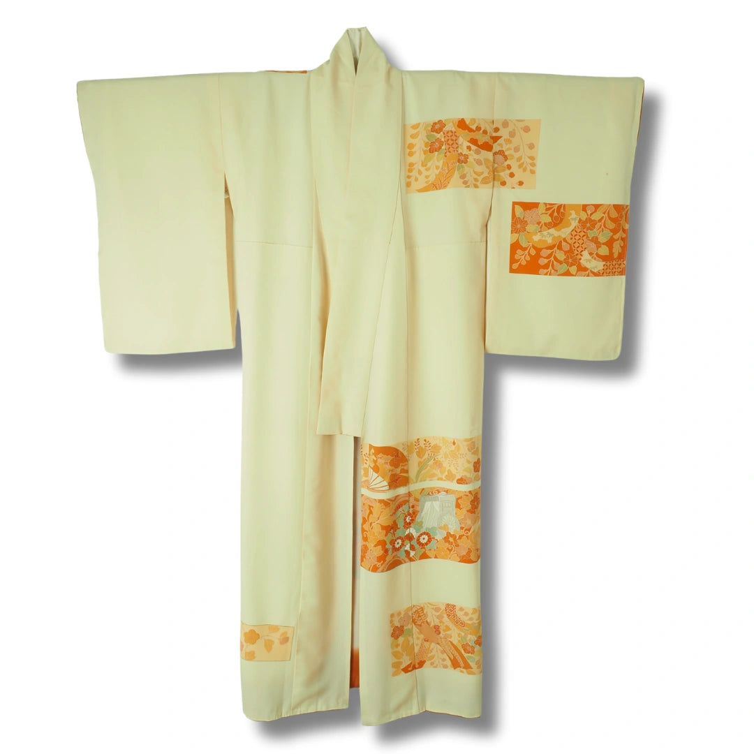 Vintage Houmongi Damen Kimono creme mit Blumen
