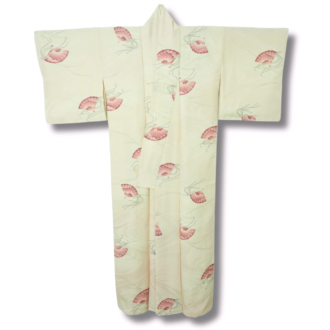 Vintage Damen Kimono creme rosa Fächer