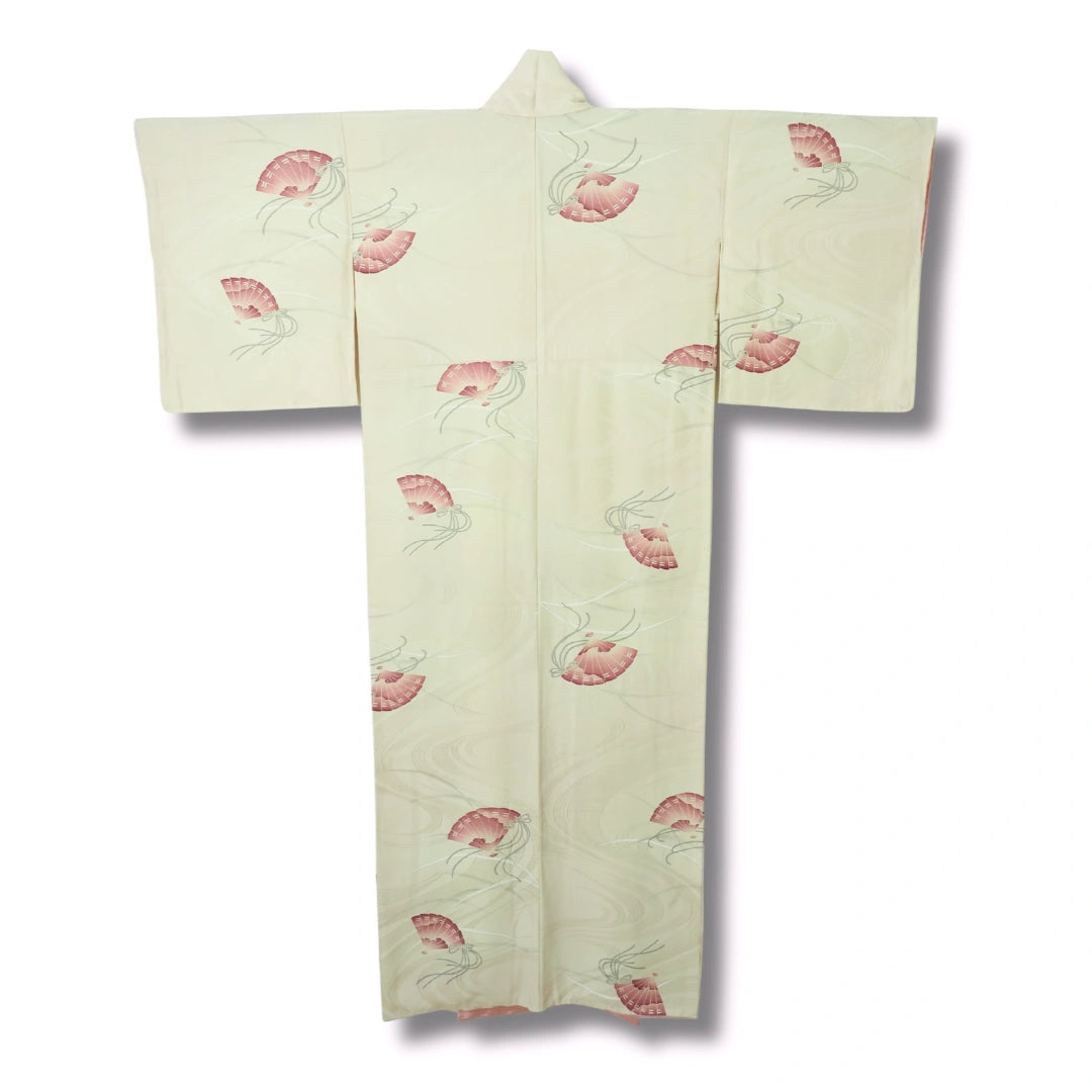 Vintage Damen Kimono creme rosa Fächer