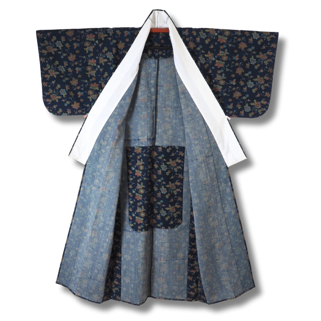 Vintage Komon Damen Kimono in Dunkelblau mit Blumen
