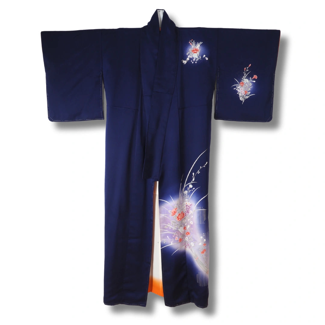 Vintage Damen Houmongi Kimono Nachtblau mit Blumenbouquets