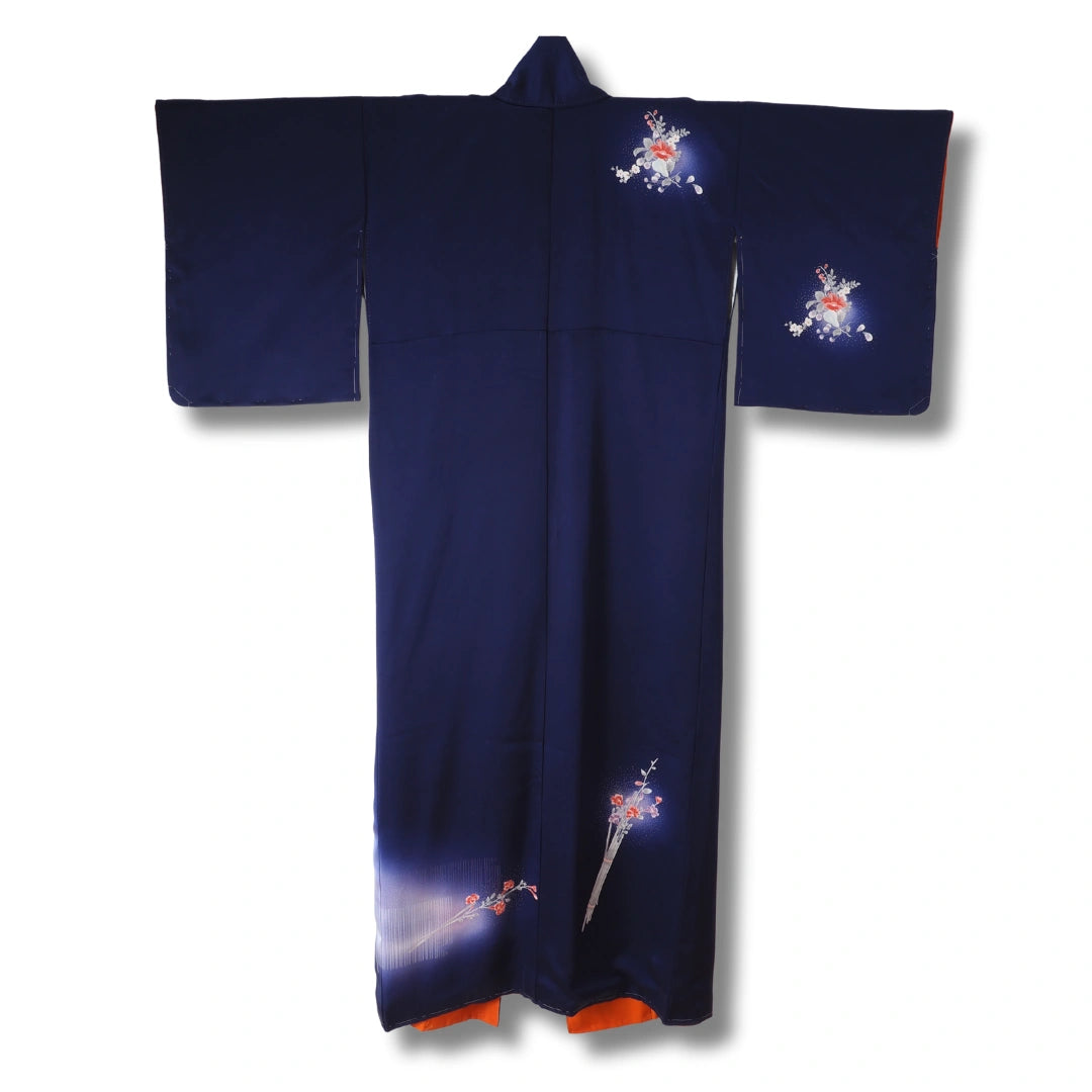Vintage Damen Houmongi Kimono Nachtblau mit Blumenbouquets