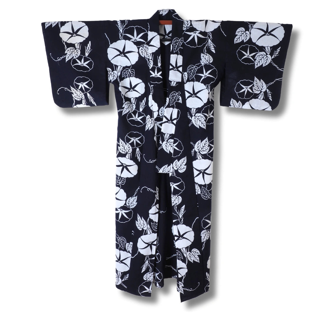 Vintage Damen Yukata Dunkelblau mit weißen Blumen – Sommerkimono