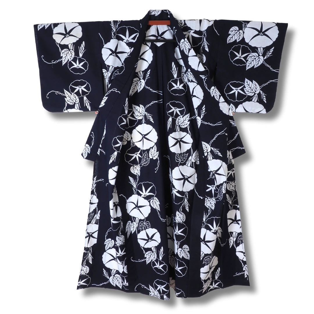 Vintage Damen Yukata Dunkelblau mit weißen Blumen – Sommerkimono