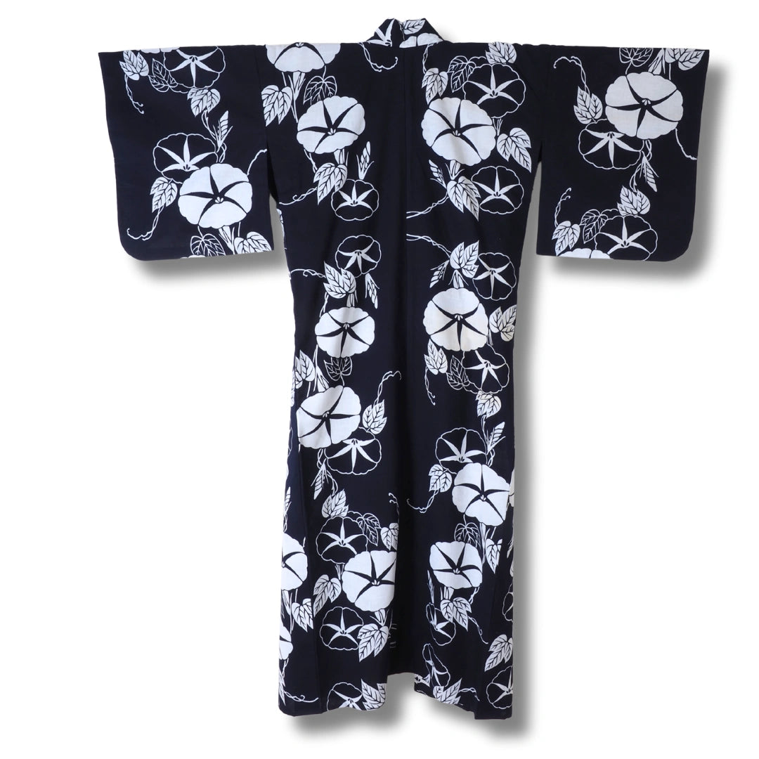 Vintage Damen Yukata Dunkelblau mit weißen Blumen – Sommerkimono