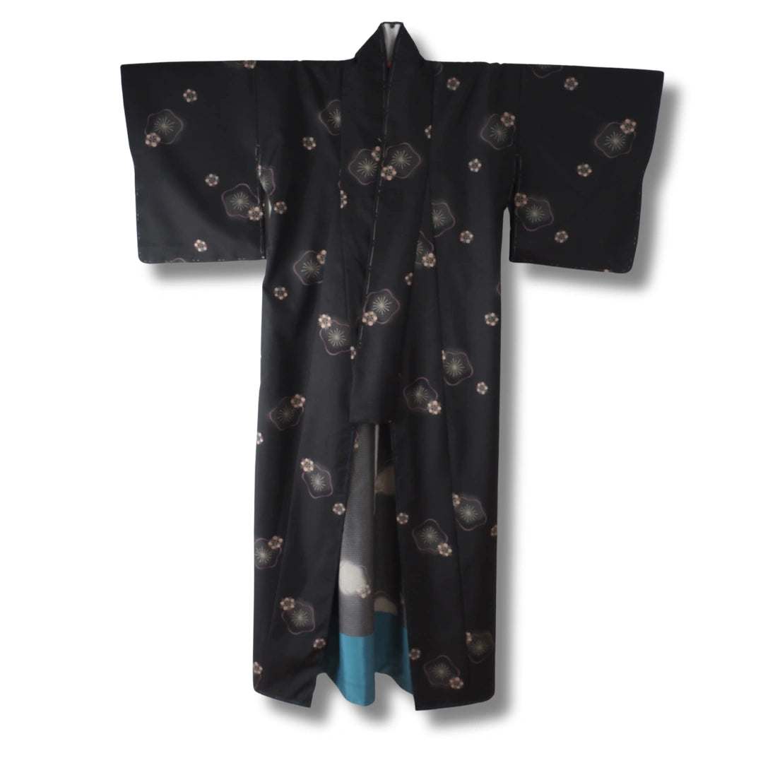 Vintage Damen Komon Kimono schwarz grau mit Blumen