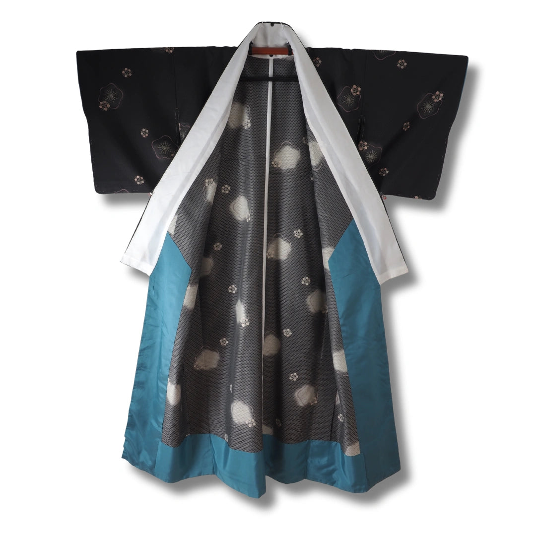 Vintage Damen Komon Kimono schwarz grau mit Blumen