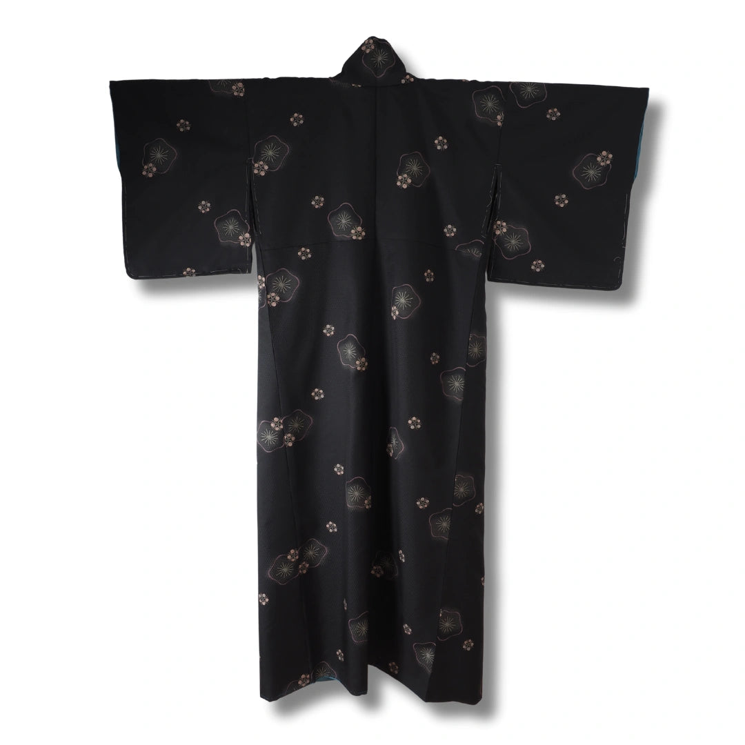 Vintage Damen Komon Kimono schwarz grau mit Blumen