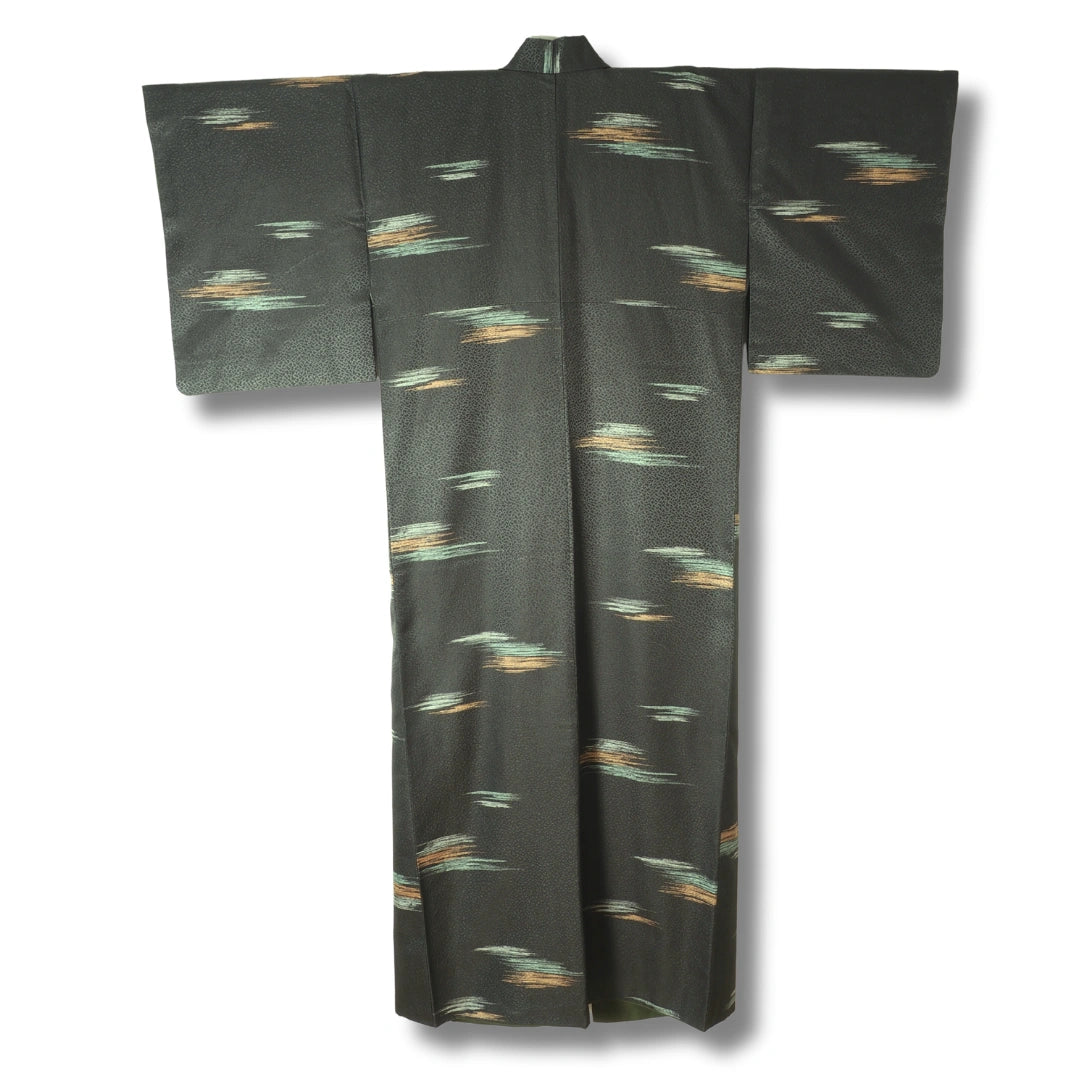Vintage Damen Komon Kimono Dunkelgrün mit Streifen