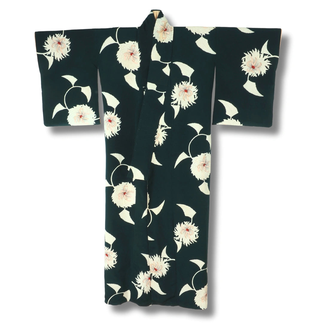 Vintage Damen Komon Kimono in Dunkelgrün mit weißen Blumen