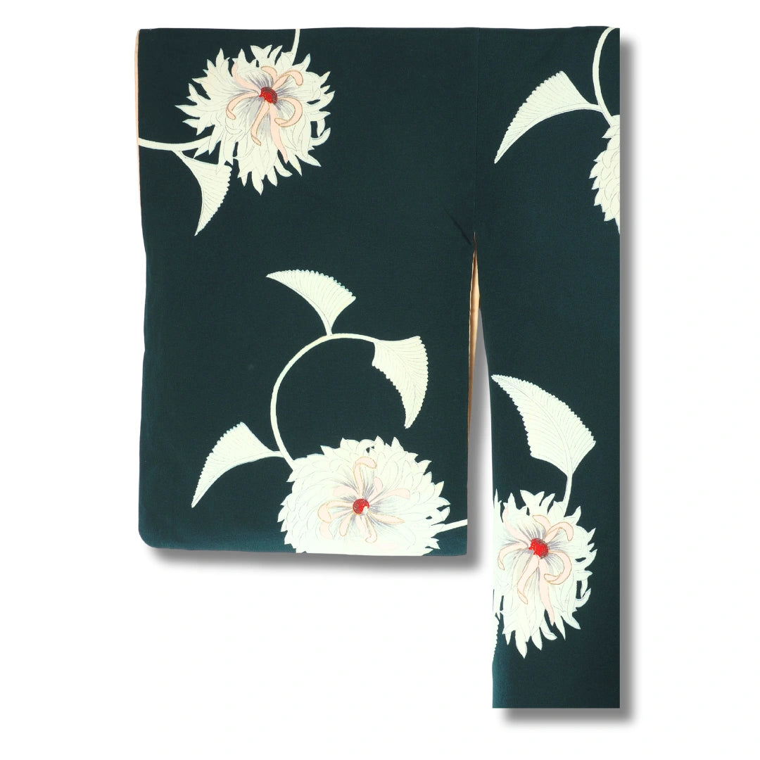 Vintage Damen Komon Kimono in Dunkelgrün mit weißen Blumen