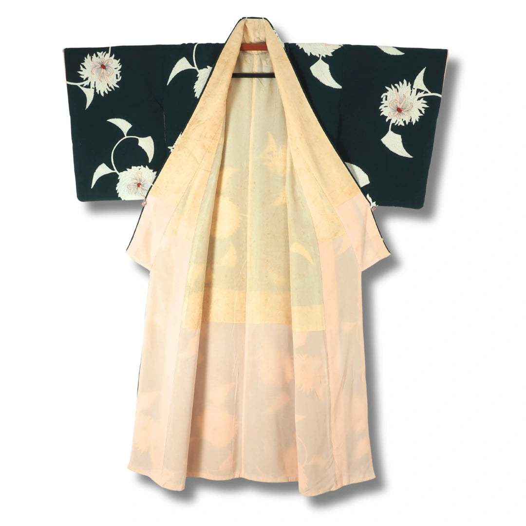 Vintage Damen Komon Kimono in Dunkelgrün mit weißen Blumen