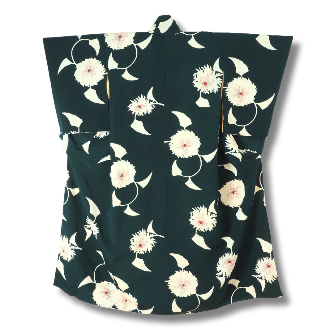 Vintage Damen Komon Kimono in Dunkelgrün mit weißen Blumen