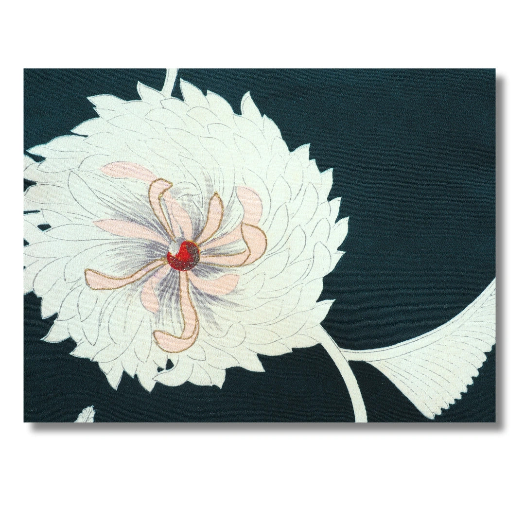 Vintage Damen Komon Kimono in Dunkelgrün mit weißen Blumen