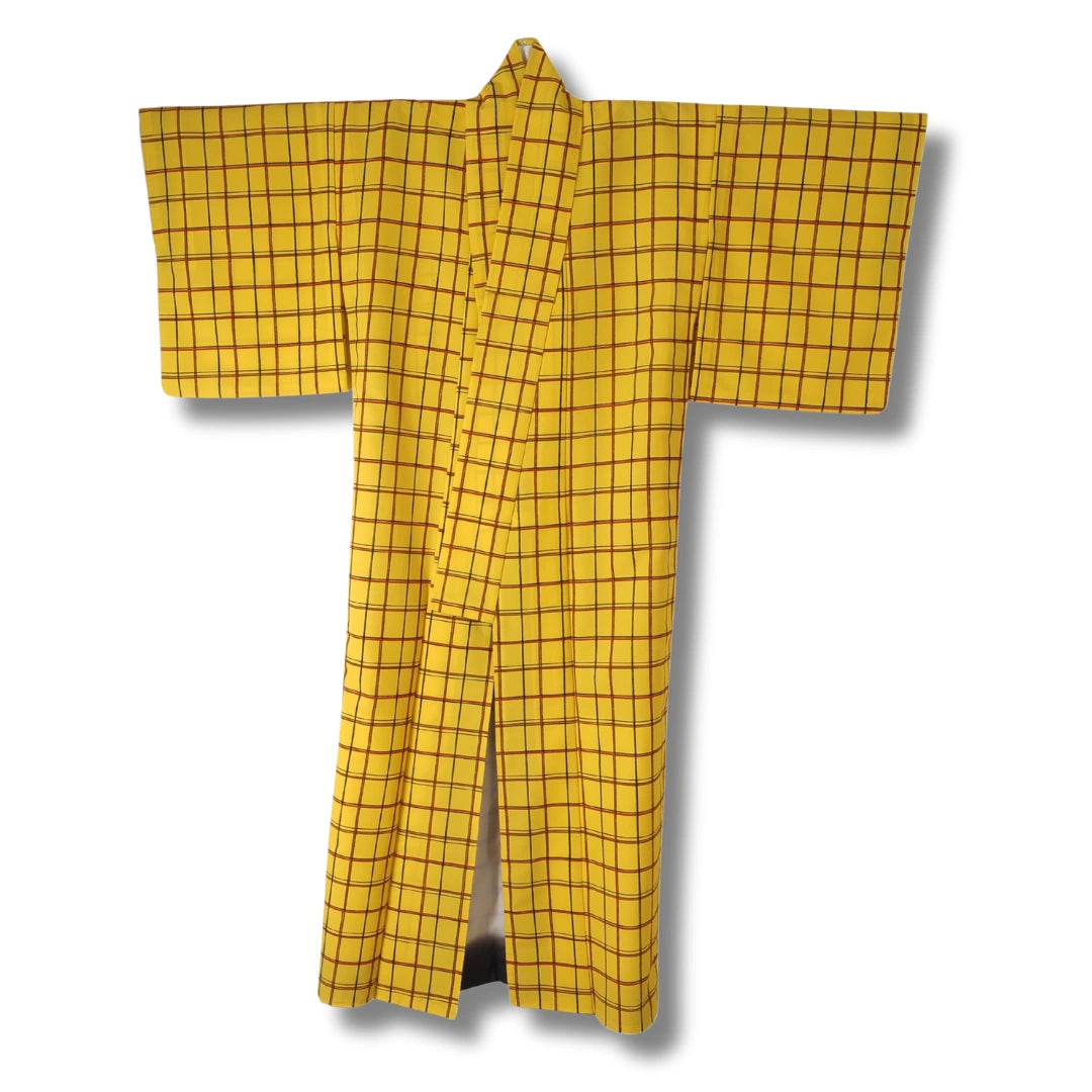 Vintage Komon Damen Kimono in Gelb kariert