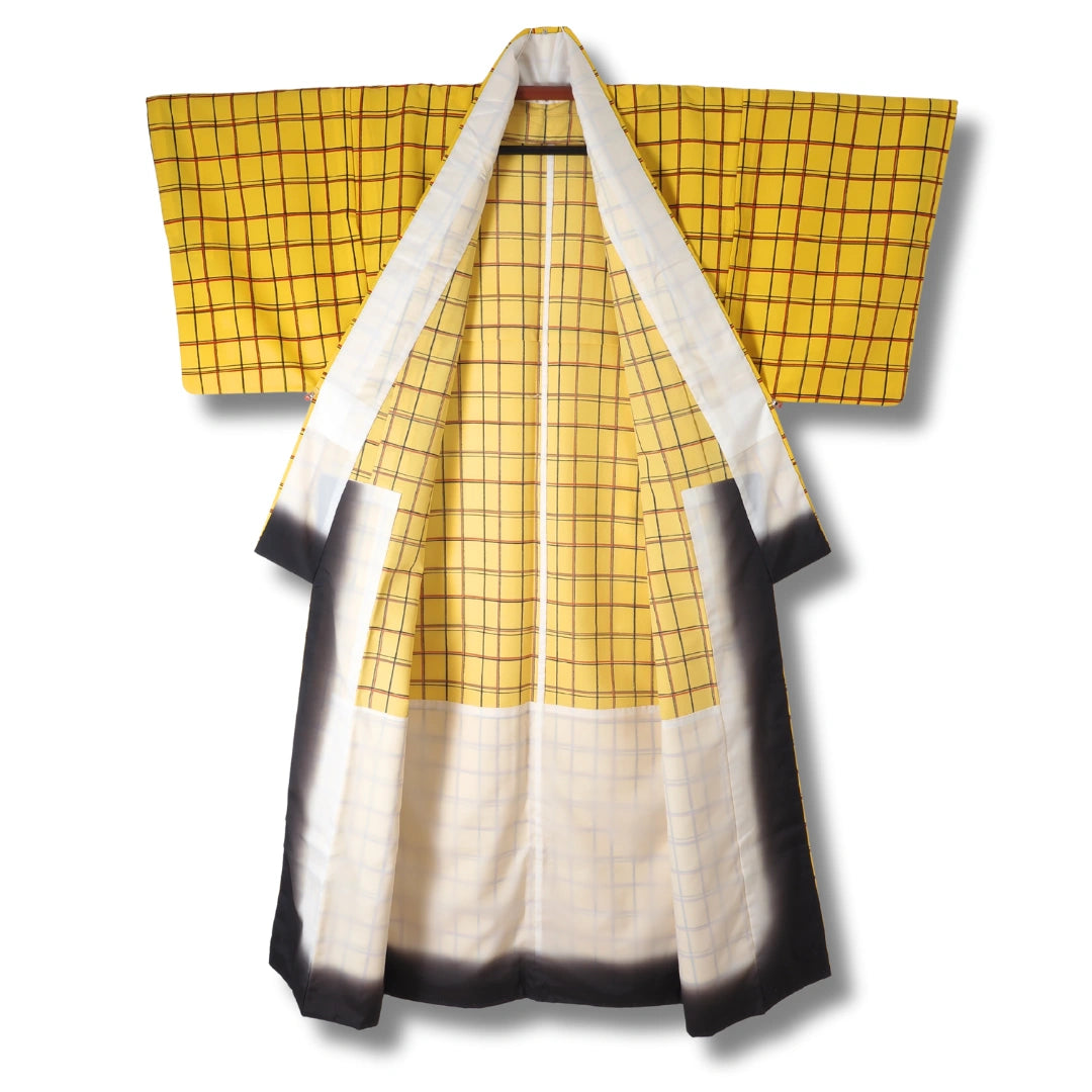 Vintage Komon Damen Kimono in Gelb kariert
