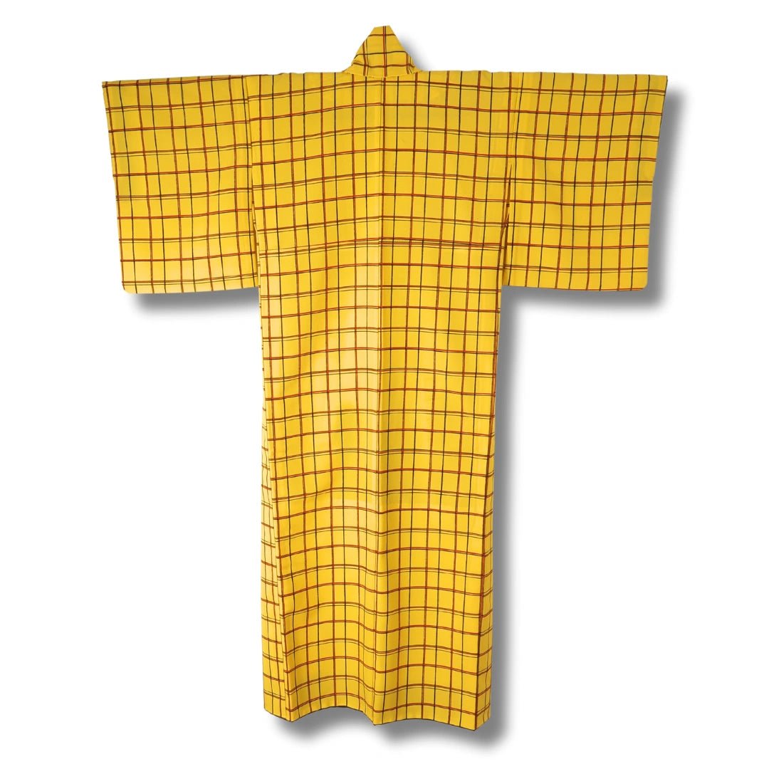Vintage Komon Damen Kimono in Gelb kariert