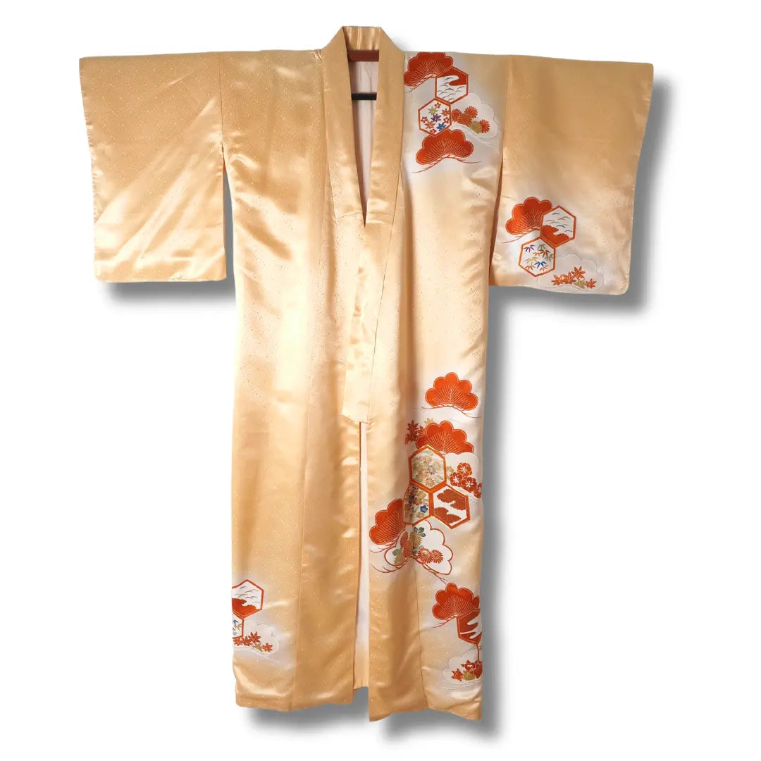 Vintage Homongi Tsukesage Kimono Damen gold mit orangefarbenem Muster